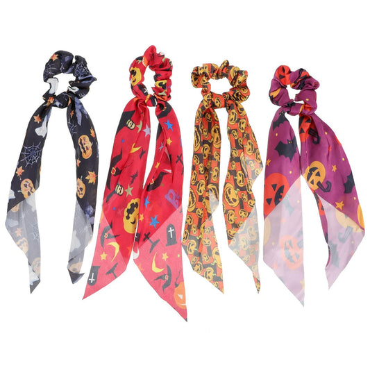 4pcs Halloween Pumpkin Satin Hair Scrunchies Elastics Orange for Girls