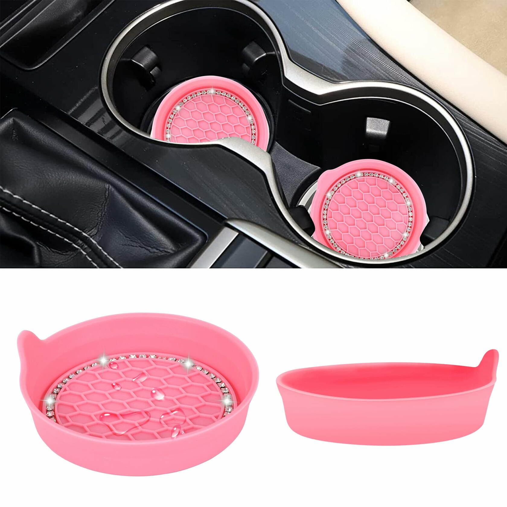 Toiyason Car Cup Coaster Universal Spill Holder Bling Rhinestone Pink 2 Pack