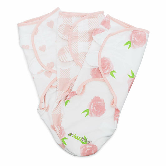 Ziggy Baby Swaddle Blanket Adjustable Wrap 3Pack Pink Peony Heart Plaid Size S/M