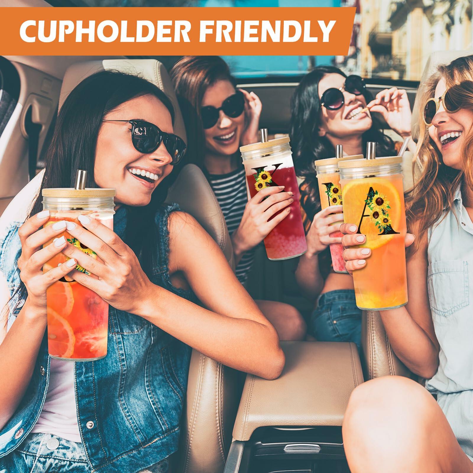 Personalized Initial Glass Cup 24oz Tumbler with Lid Straw Sunflower S