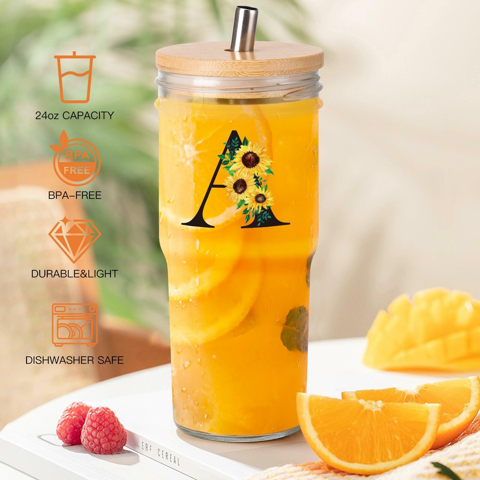 Personalized Initial Glass Cup 24oz Tumbler with Lid Straw Sunflower S