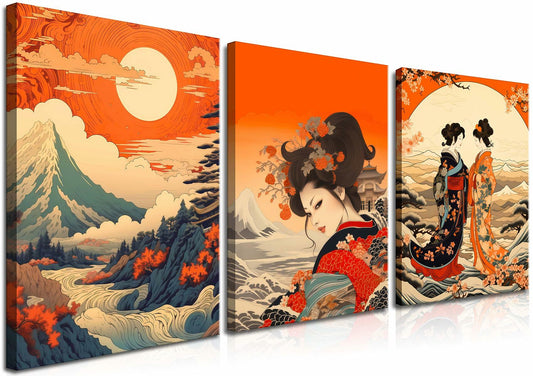 Framed Japanese Wall Art Set of 3 Nature Landscape Wave Cherry Blossom 12x16in