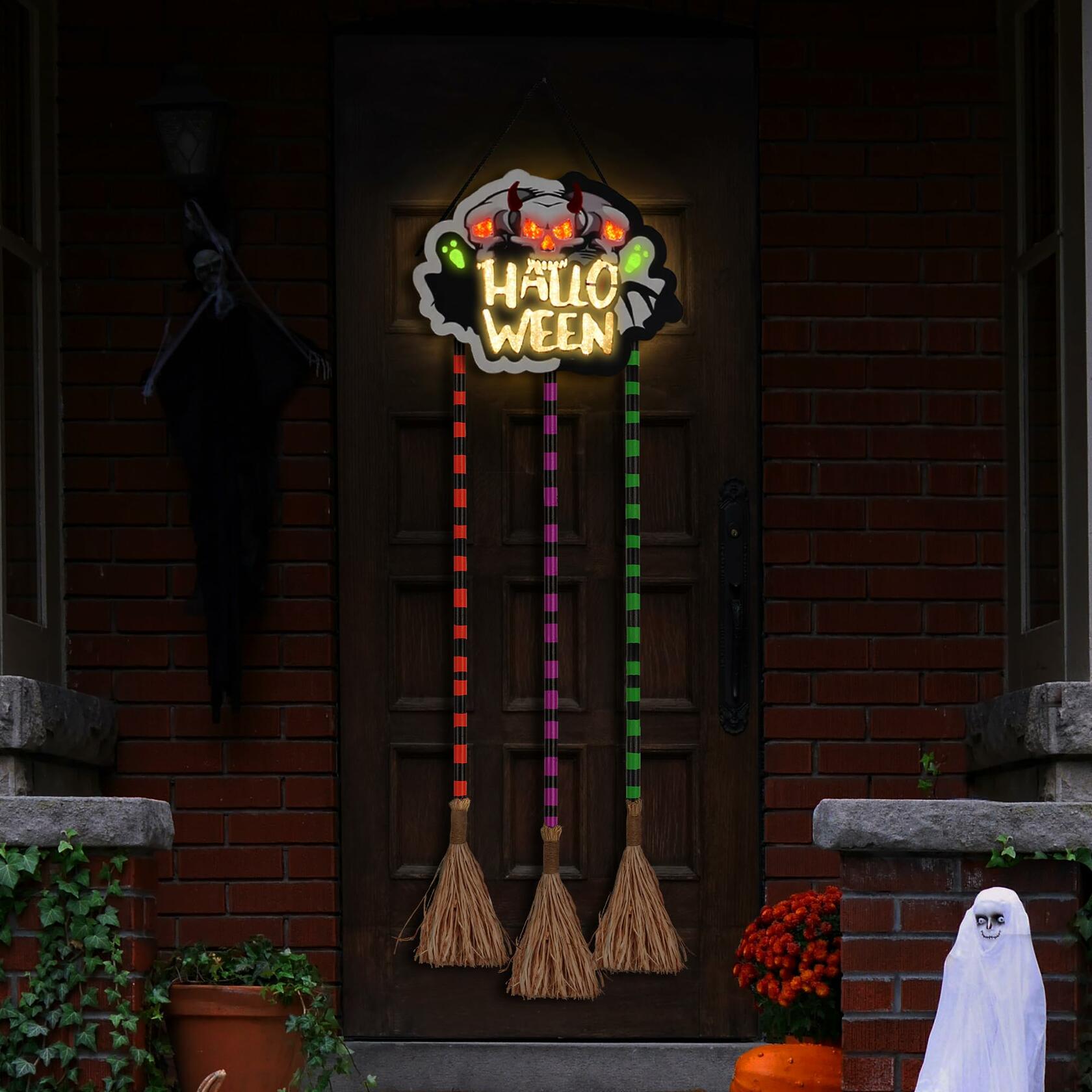 BLCtec Hocus Pocus Halloween Broom Sign 59" with 3 Witch Brooms Timer