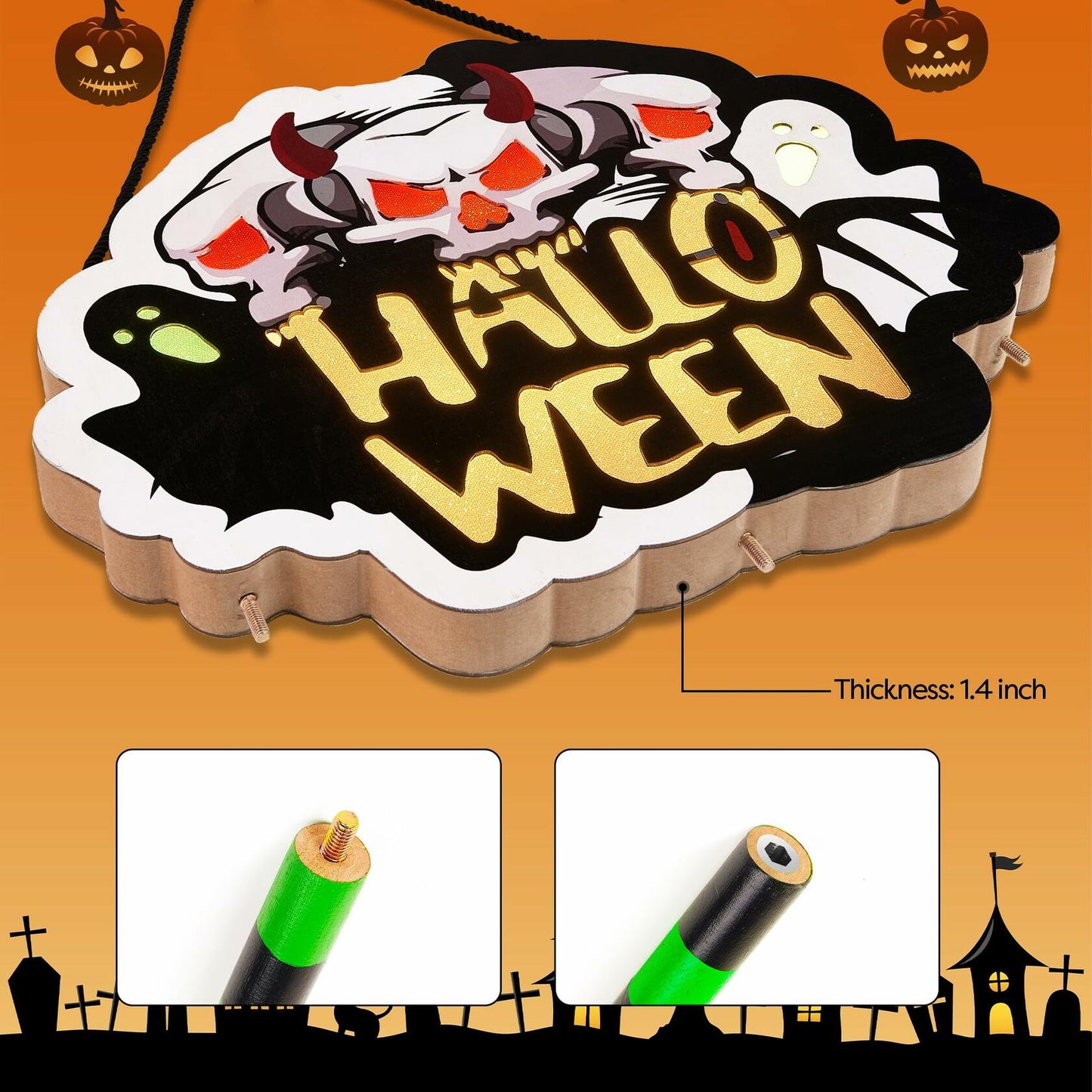 BLCtec Hocus Pocus Halloween Broom Sign 59" with 3 Witch Brooms Timer
