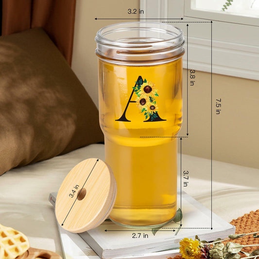 Personalized Initial Glass Cup 24oz Tumbler with Lid Straw Sunflower S