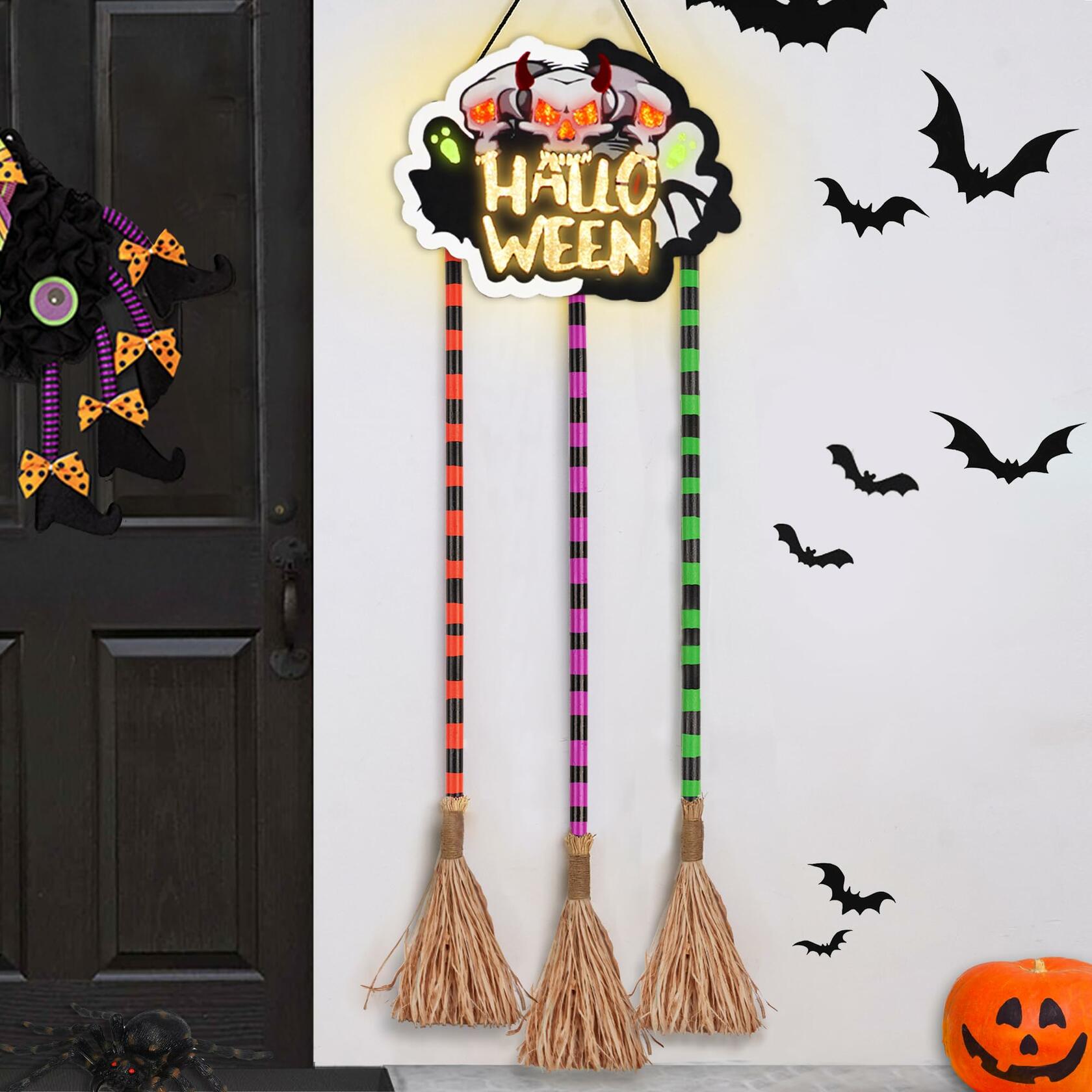 BLCtec Hocus Pocus Halloween Broom Sign 59" with 3 Witch Brooms Timer
