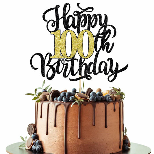 Leetaivie Happy 90th Birthday Cake Topper Black Gold Glitter Party Decor