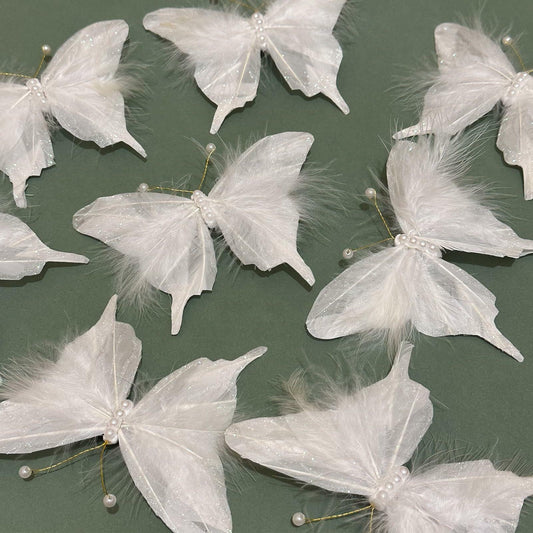 12PCS White Feather Butterfly Clips with Pearls 3inch for Crafts Wedding