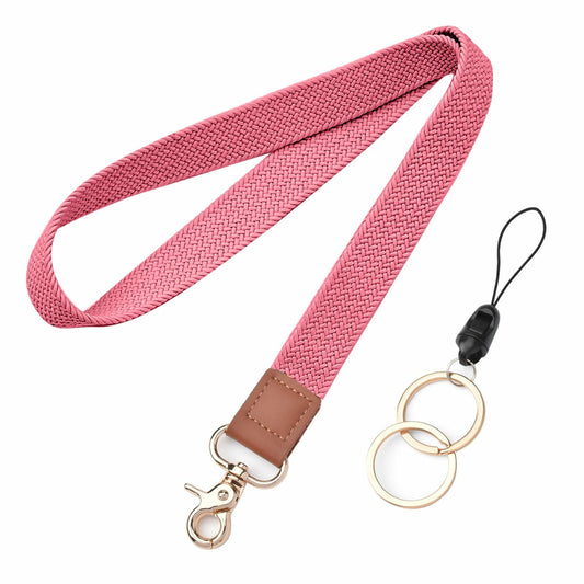Knagsfa Braided Nylon Badge Lanyard with Dual Keyrings Metal Hook Orange Pink
