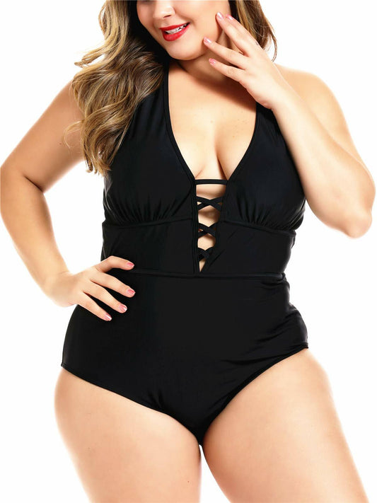 FlatterMe Women's Sexy Plus Size Black One Piece Swimsuit Lace Up Size 3XL