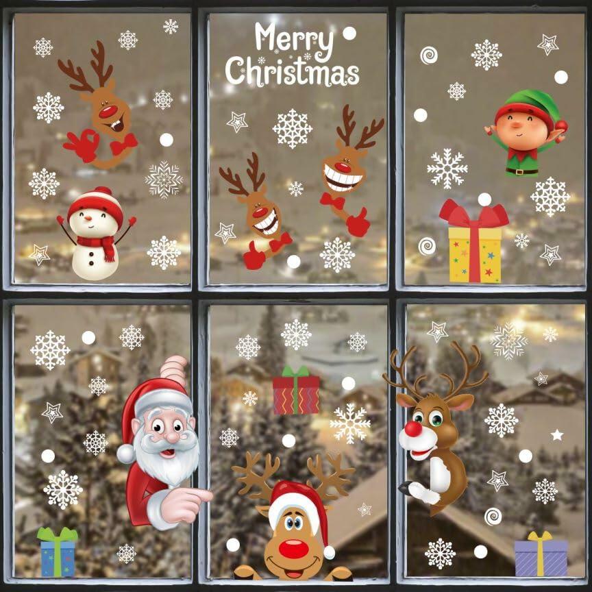 160Pcs Christmas Window Stickers Santa Reindeer Snowman Snowflakes Double-Sided