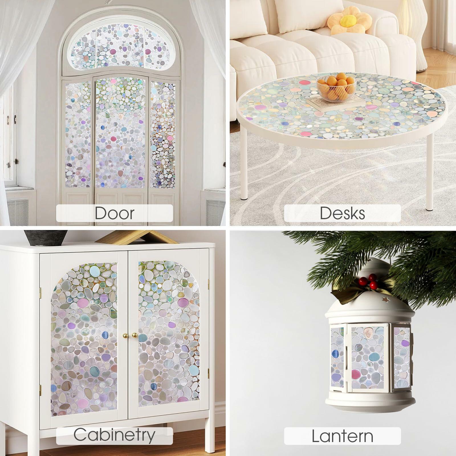 Viseeko 3D Pebble Stained Glass Privacy Film Rainbow 11.8x118in UV Protection