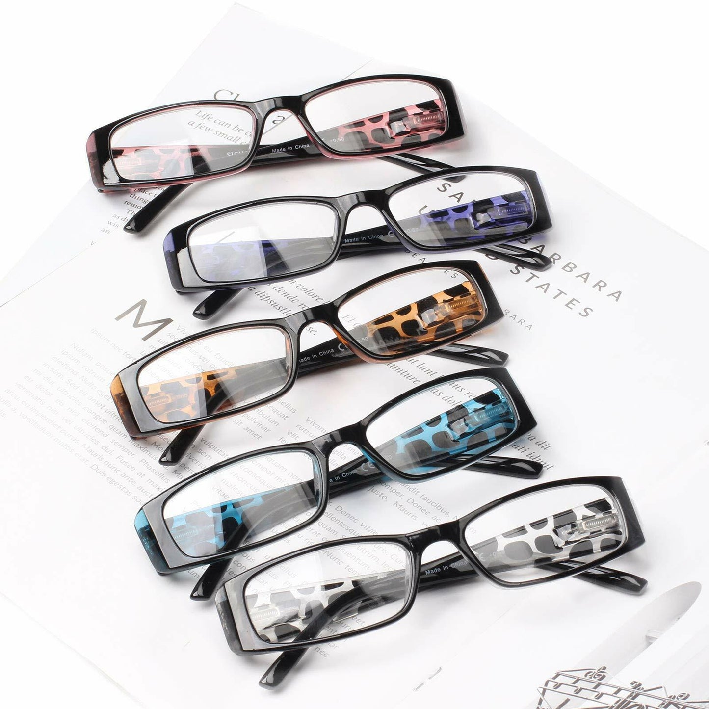 [Like New] 5 Pack Spring Hinge Reading Glasses Rectangular Multicolour 2.25 Power