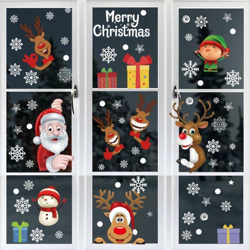 160Pcs Christmas Window Stickers Santa Reindeer Snowman Snowflakes Double-Sided