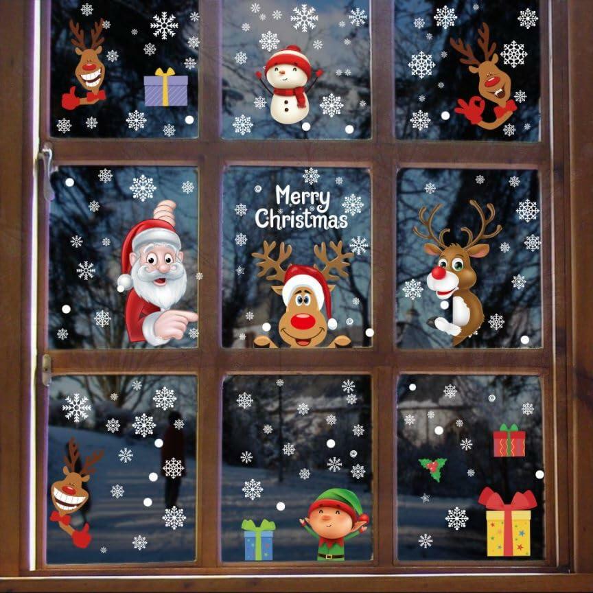 160Pcs Christmas Window Stickers Santa Reindeer Snowman Snowflakes Double-Sided