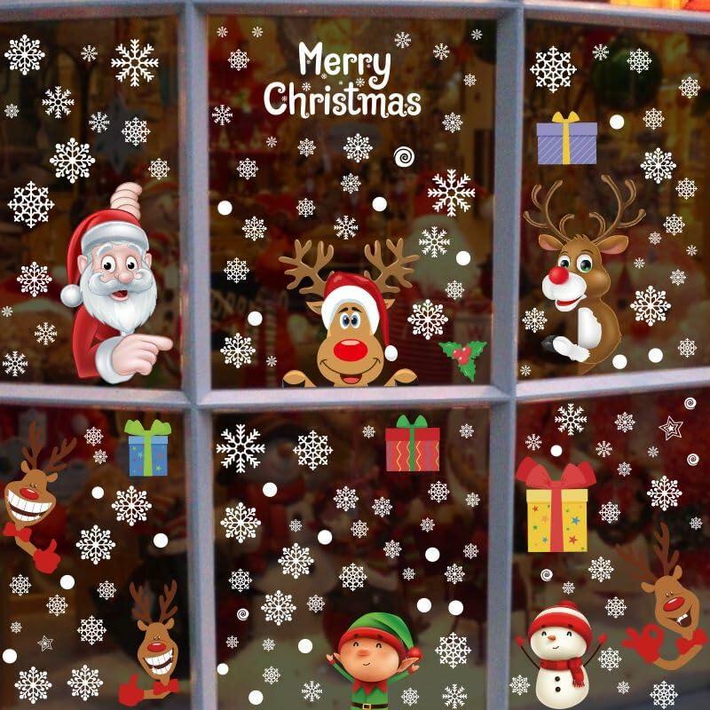 160Pcs Christmas Window Stickers Santa Reindeer Snowman Snowflakes Double-Sided