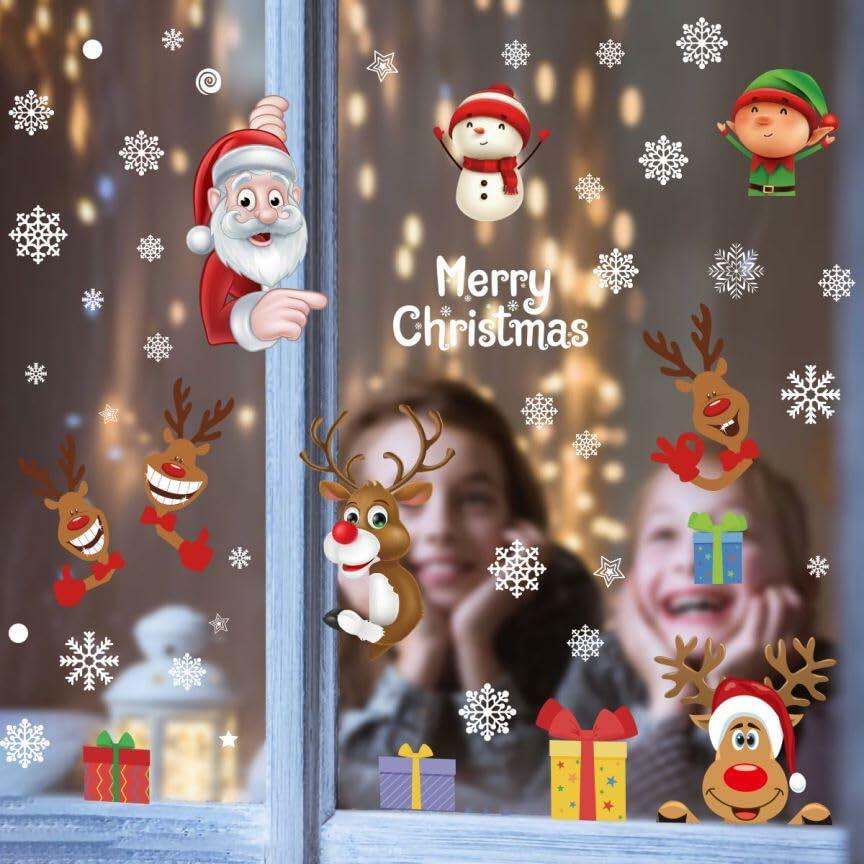 160Pcs Christmas Window Stickers Santa Reindeer Snowman Snowflakes Double-Sided