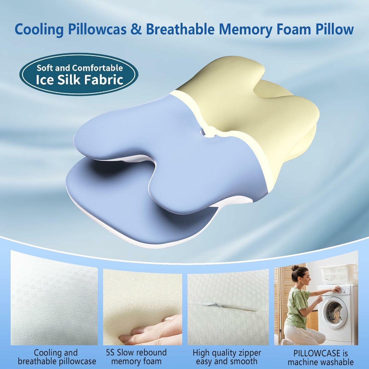 Cervical Neck Pillow Memory Foam Ice Silk Pillowcase Ergonomic Support Blue