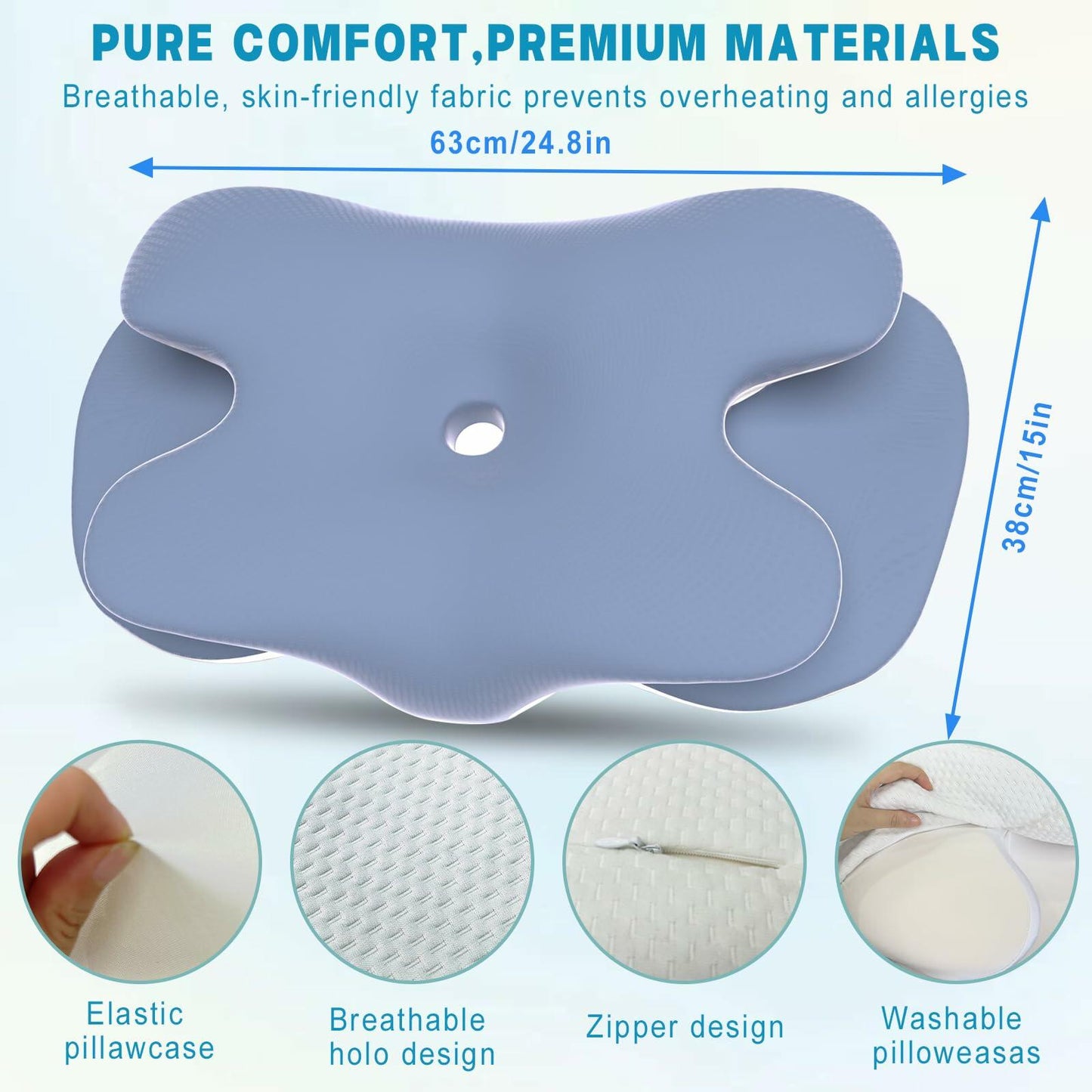 Cervical Neck Pillow Memory Foam Ice Silk Pillowcase Ergonomic Support Blue