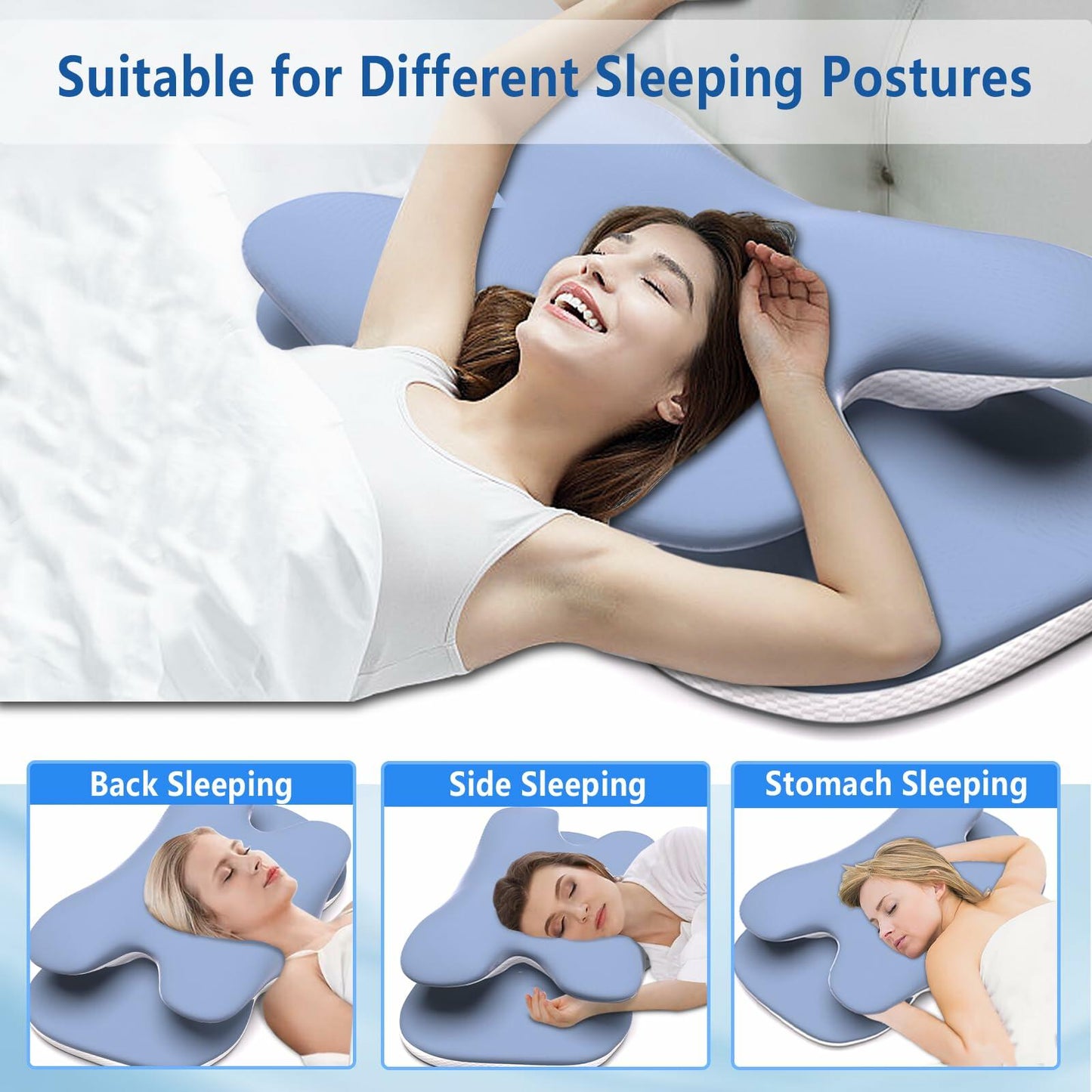 Cervical Neck Pillow Memory Foam Ice Silk Pillowcase Ergonomic Support Blue