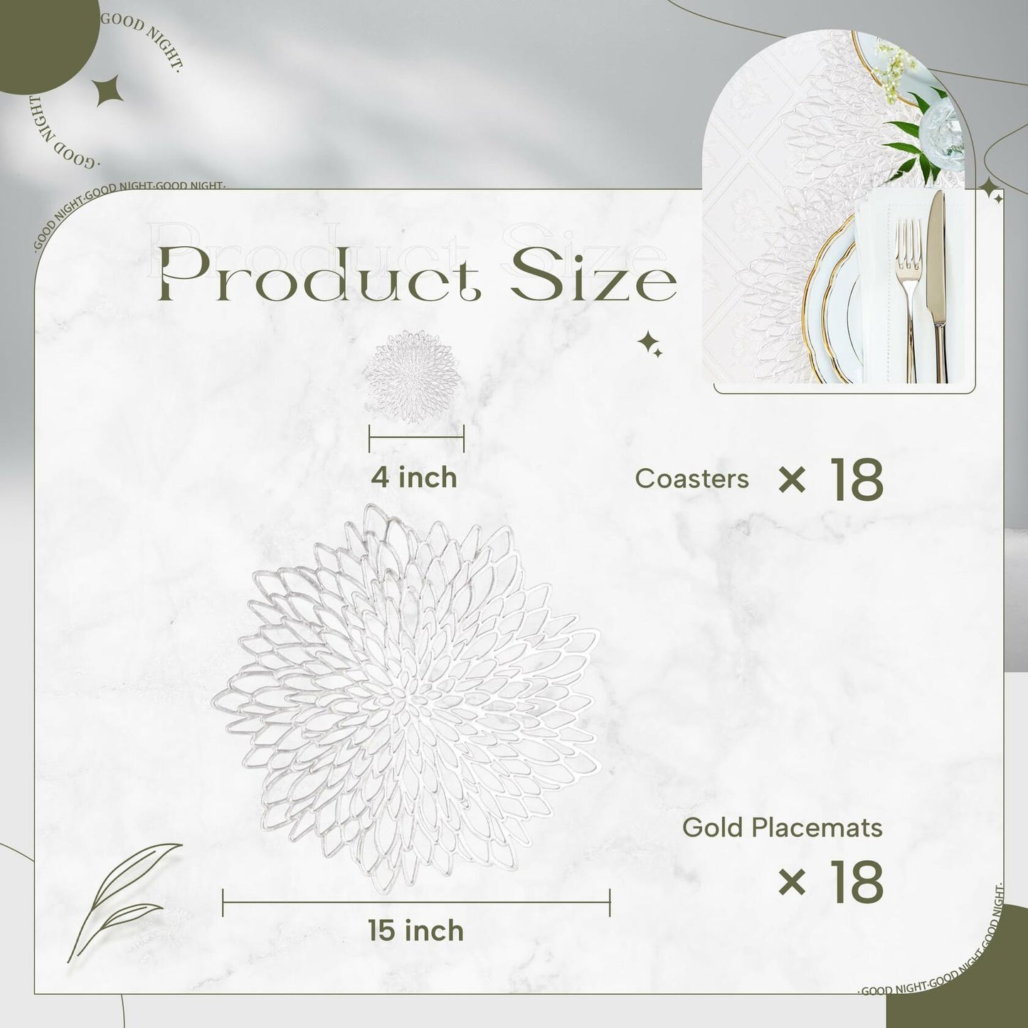 Defined Deco Silver Vinyl Placemats & Coasters Set of 18 15" Round