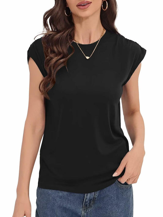 LHIRLE Womens Summer Shoulder Pleats Cap Sleeve T Shirt Black Size S