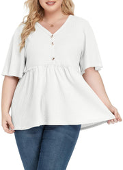 POSESHE Women's Plus Size V Neck Ruffle Button Up Blouse White Size L