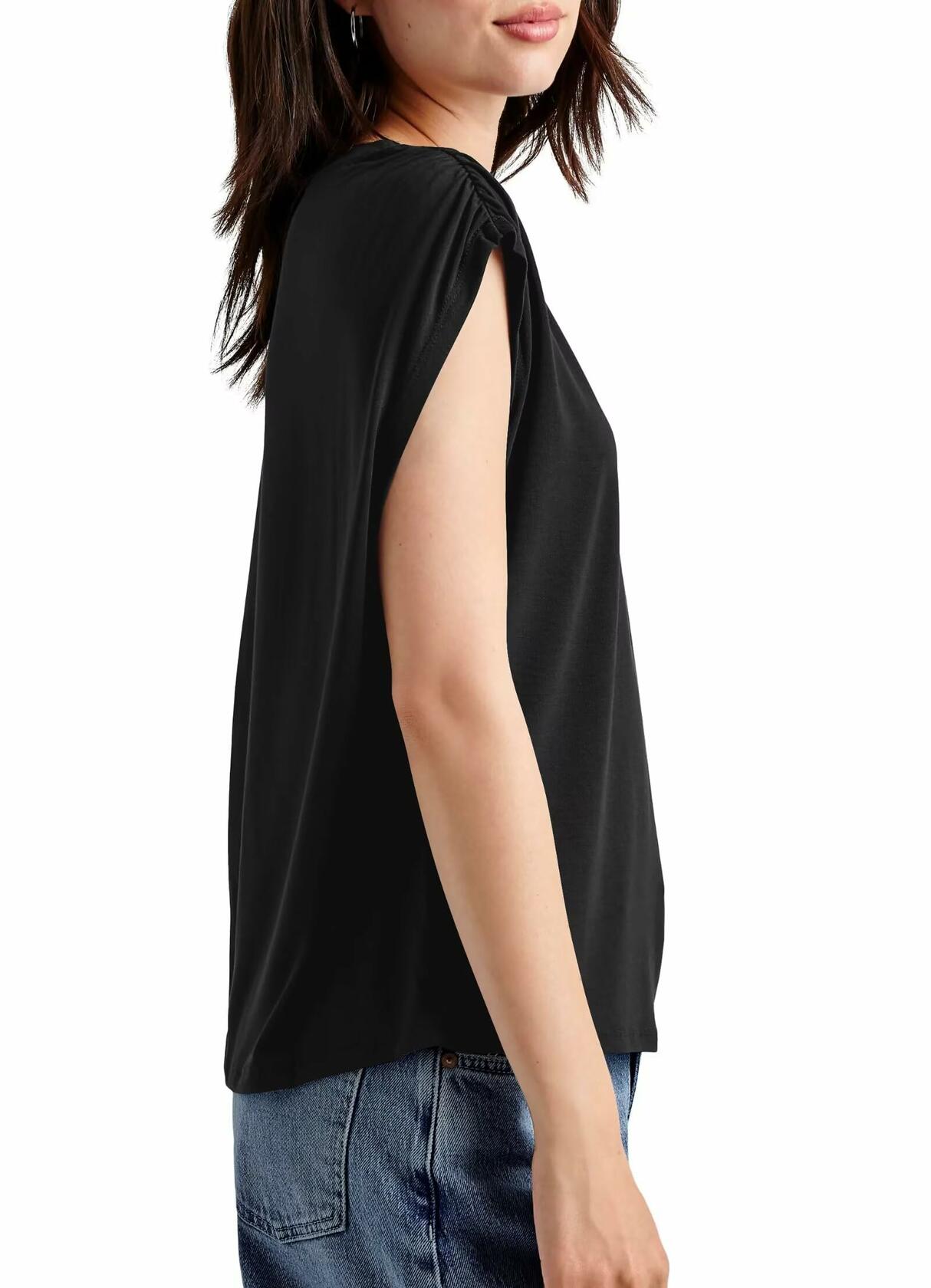 LHIRLE Womens Summer Shoulder Pleats Cap Sleeve T Shirt Black Size S