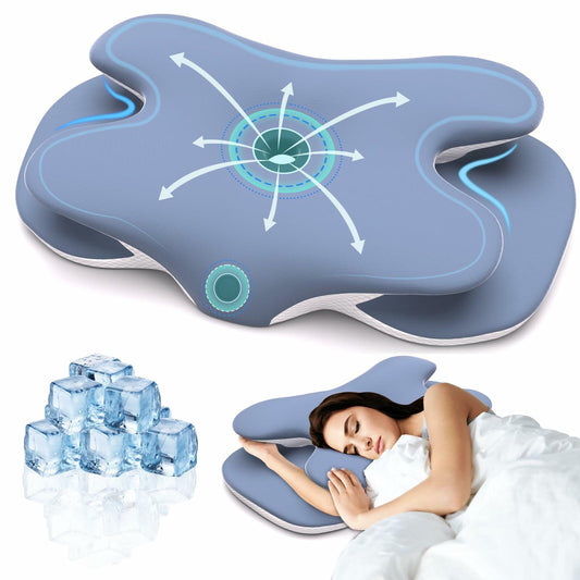 Cervical Neck Pillow Memory Foam Ice Silk Pillowcase Ergonomic Support Blue
