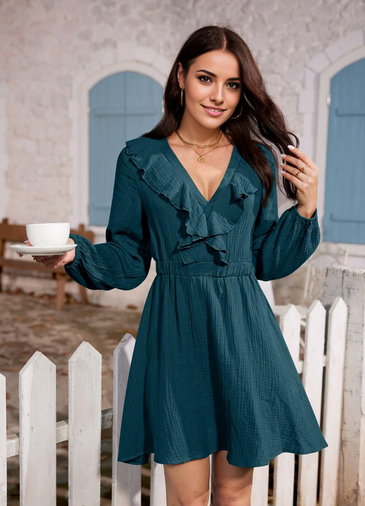 Women's Fall A-Line Long Sleeve Casual Skater Babydoll Mini Dress Royal Size XL