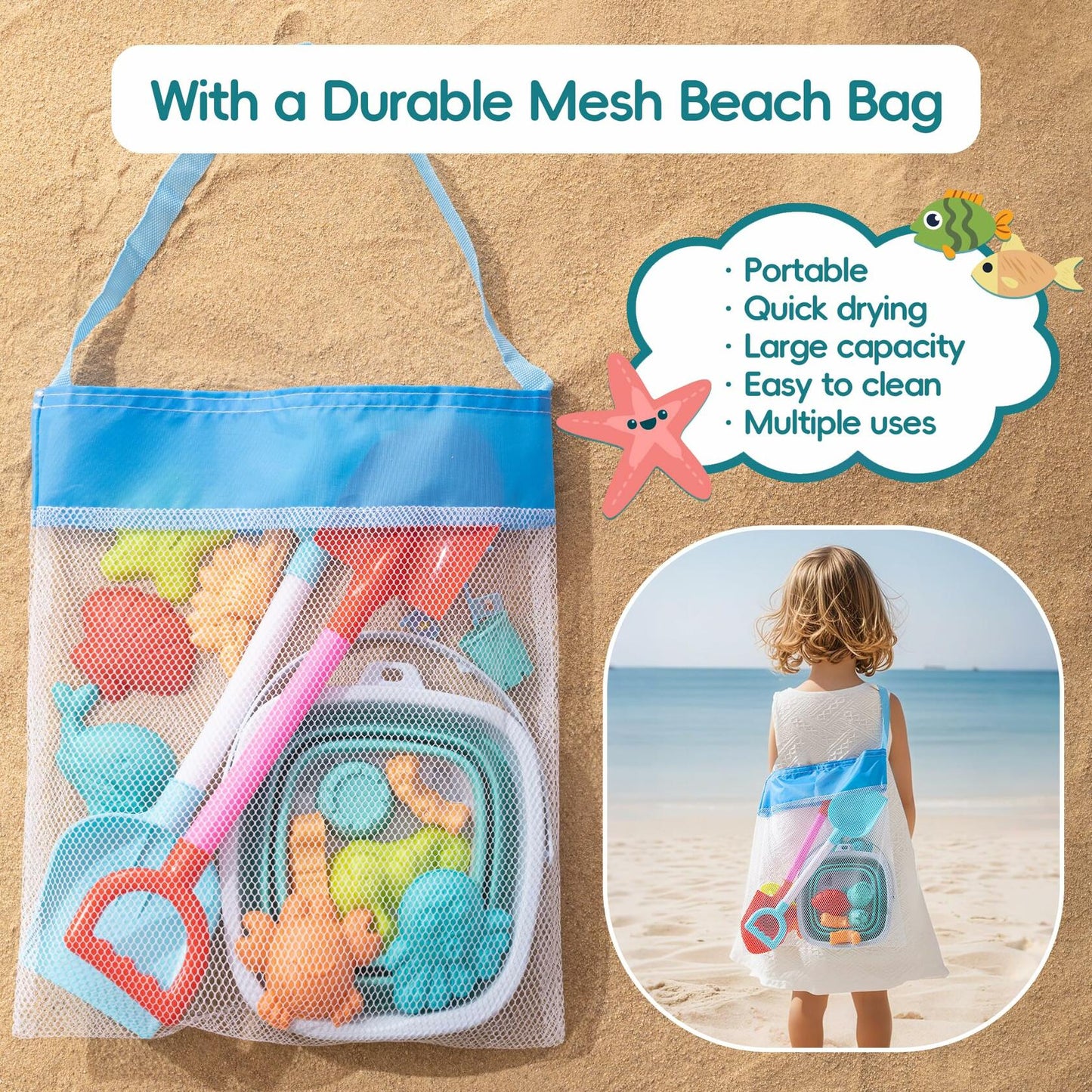 Beach Toys for Kids 19 PCS Sandcastle Set Bucket Shovel Mesh Bag