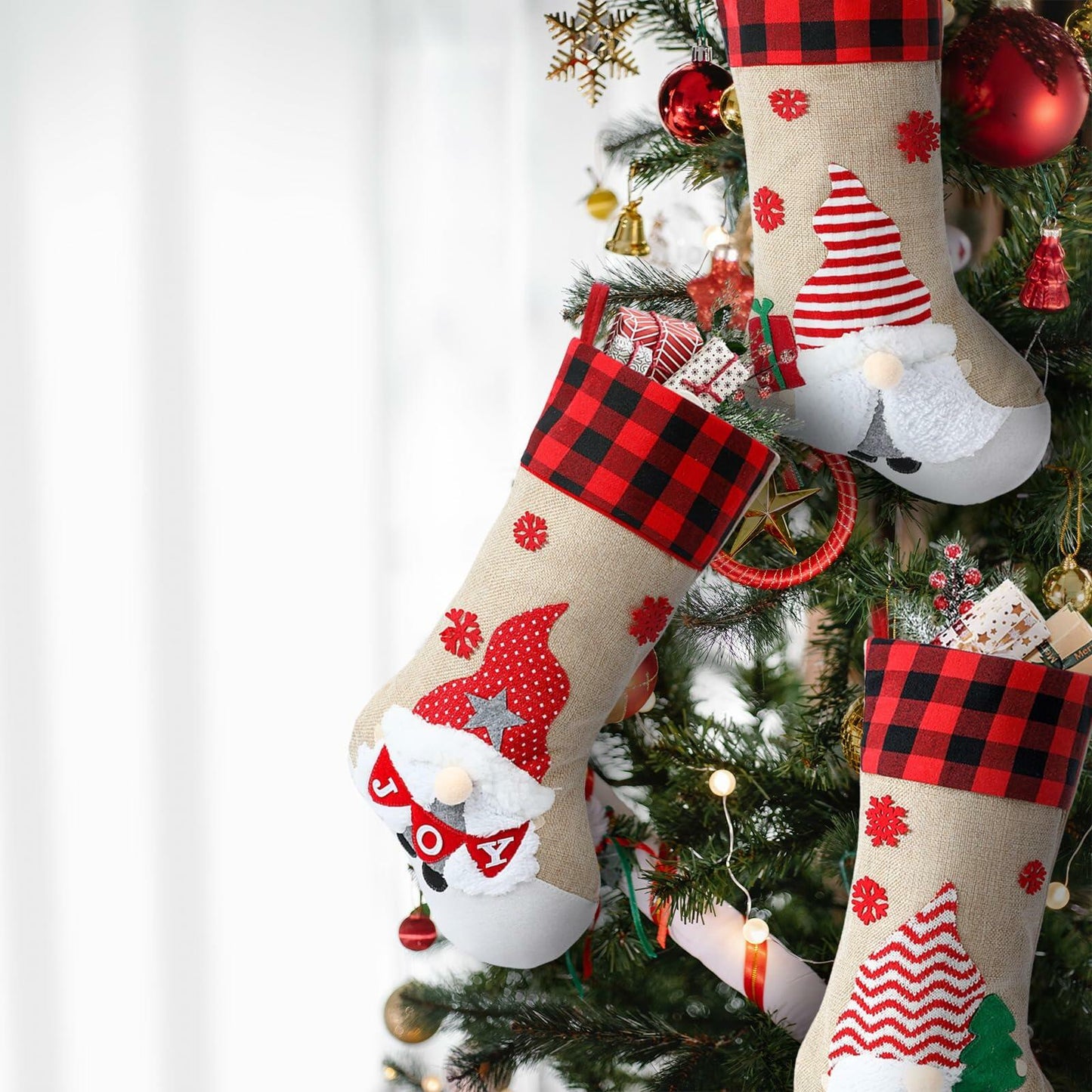 LASPERAL 4Pcs 18in Christmas Stockings 3D Burlap Santa Snowman Reindeer