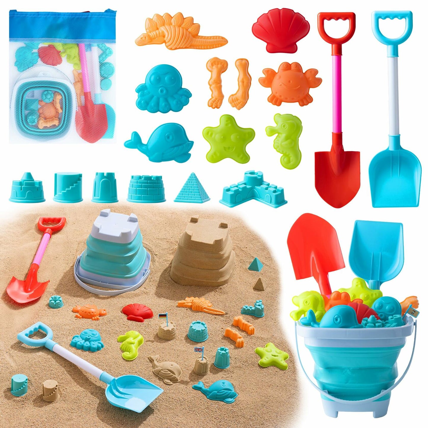 Beach Toys for Kids 19 PCS Sandcastle Set Bucket Shovel Mesh Bag