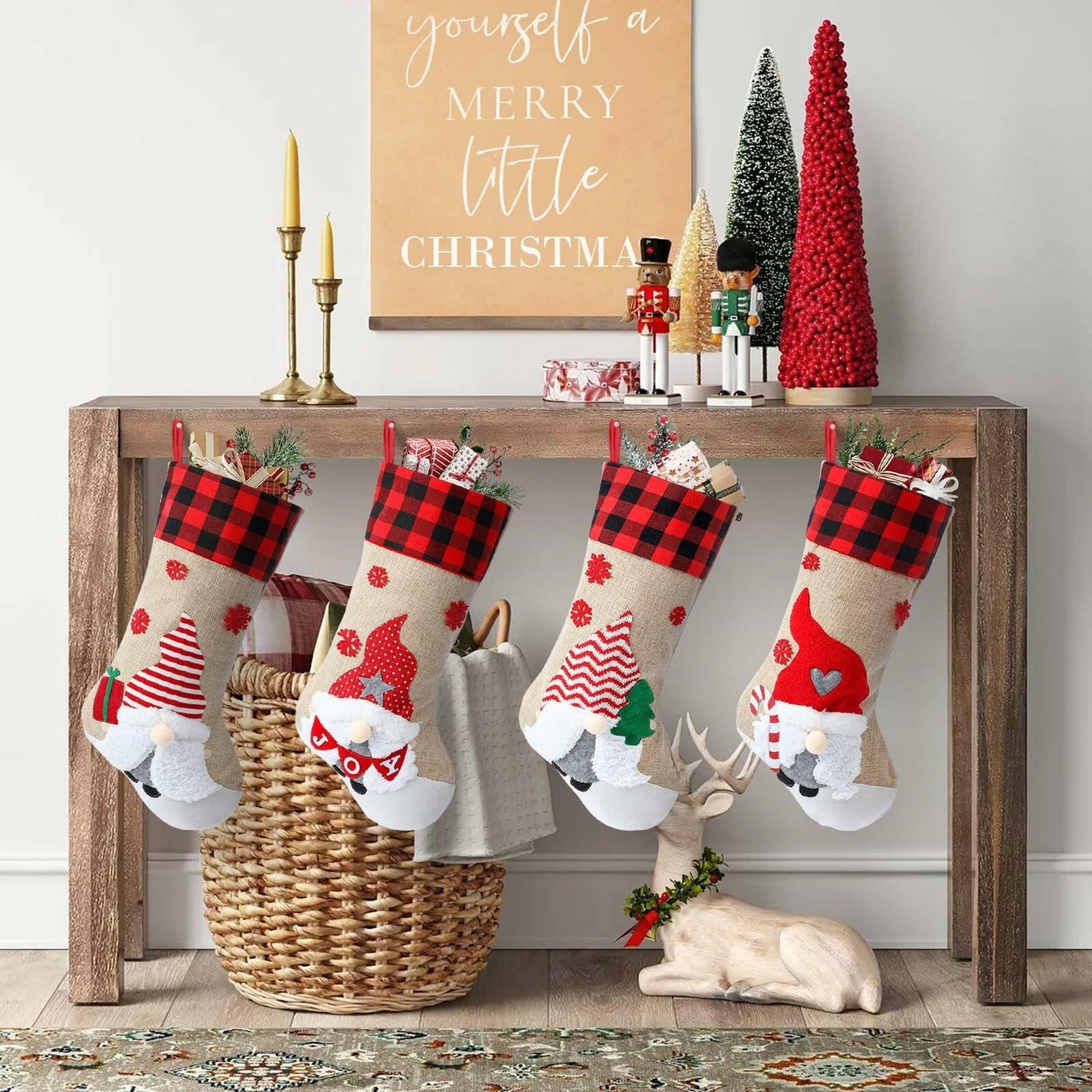 LASPERAL 4Pcs 18in Christmas Stockings 3D Burlap Santa Snowman Reindeer