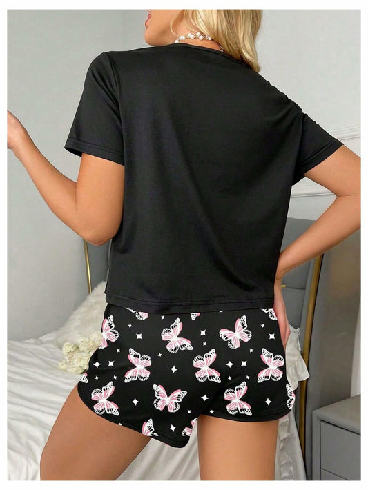 Women's Pajama Set Butterfly Graphic Short Sleeve Tee & Shorts Black Size S