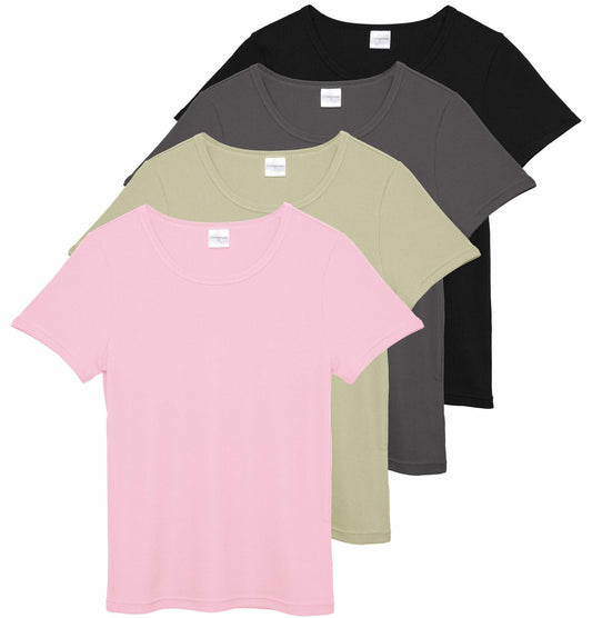 Women's Ribbed Knit Short Sleeve Crew Neck T-Shirt 4 Pack Size 2XL