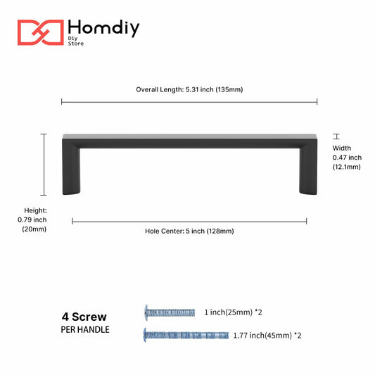 homdiy Cabinet Handles Matte Black 5in 128mm Hole Centers 25Pack