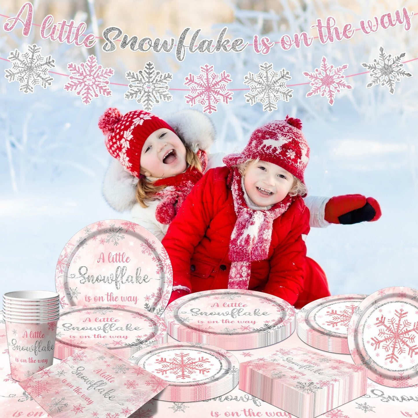 Winter Snowflake Plates & Napkins Pink Baby Shower 20pcs Winter Wonderland