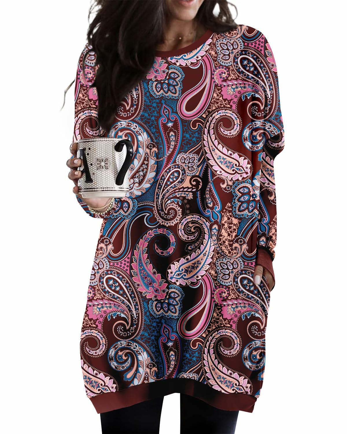 KISSMODA Women's Long Sleeve Tunic Top with Pockets Casual Fall Loose Size M