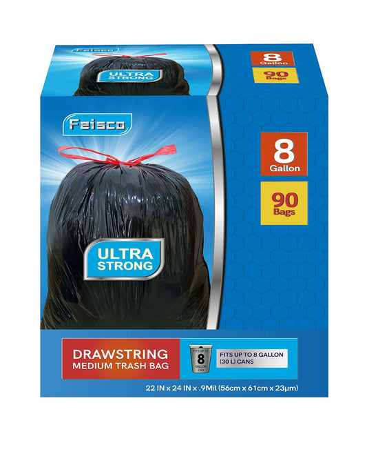 Feisco 8 Gallon Black Trash Bags 30L Drawstring 90 Count 0.9 Mil