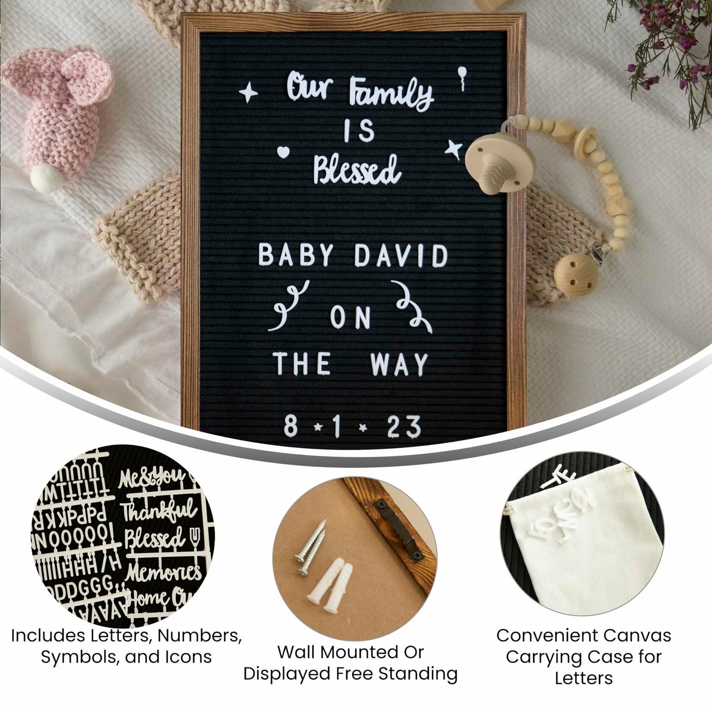 Flash Furniture Gracie 12x17 Letter Board Black Felt Torched Wood w/389 Letters