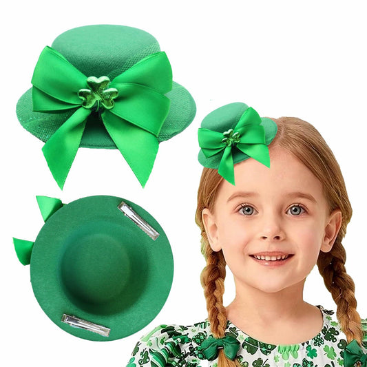 St. Patrick’s Day Leprechaun Top Hat Hair Bow Clips Green Clover Shamrock