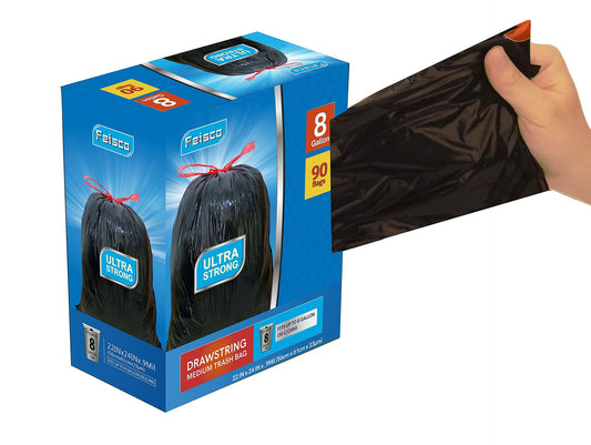 Feisco 8 Gallon Black Trash Bags 30L Drawstring 90 Count 0.9 Mil