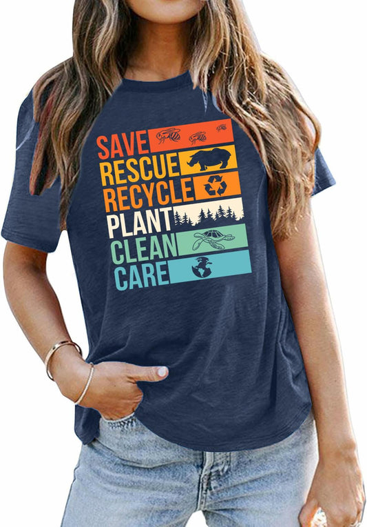 Earth Day Women's Save Planet Bee Graphic T-Shirt Dark Blue XXL
