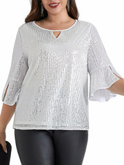 Hanna Nikole Plus Size Bell Sleeve V Neck Blouse Silver White Size 16Plus