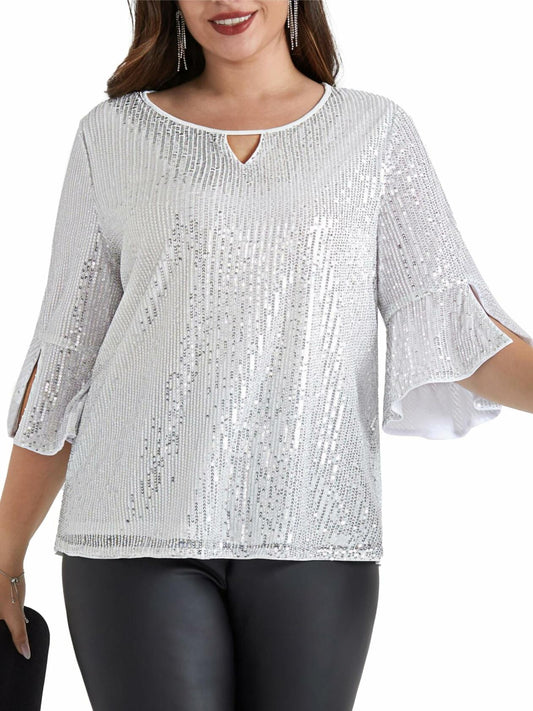 Hanna Nikole Plus Size Bell Sleeve V Neck Blouse Silver White Size 16Plus