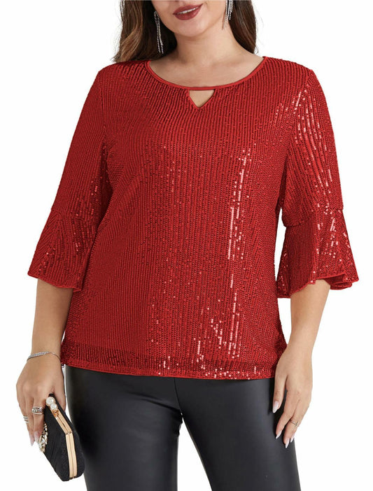 Hanna Nikole Womens Sparkle Sequin Top Cap Sleeve Red Size 20Plus