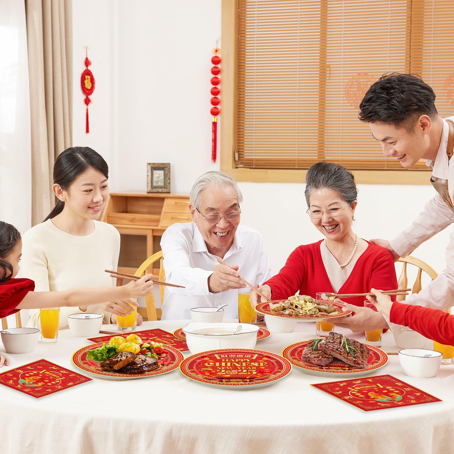 48pcs Chinese New Year 2025 Party Plates Napkins Decorations for 24 Guests