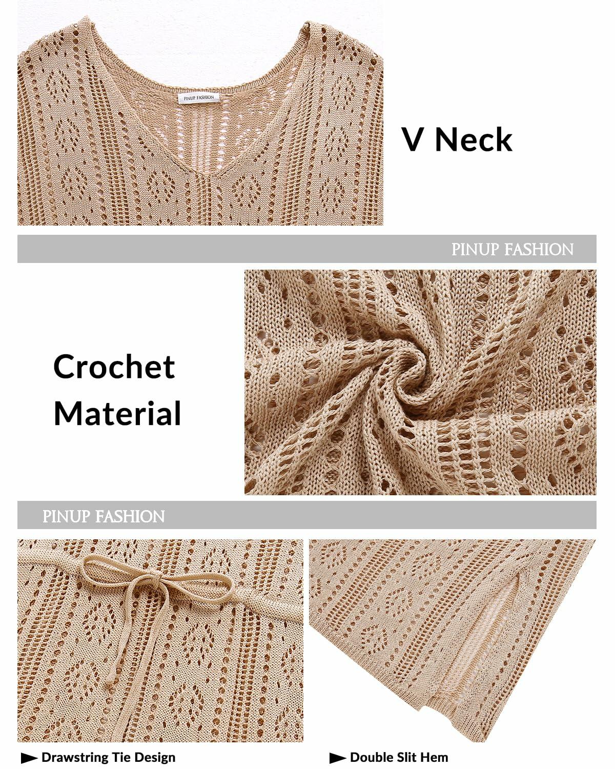 Pinup Fashion Crochet Bathing Suit Cover Up V Neck Apricot, SIZE L