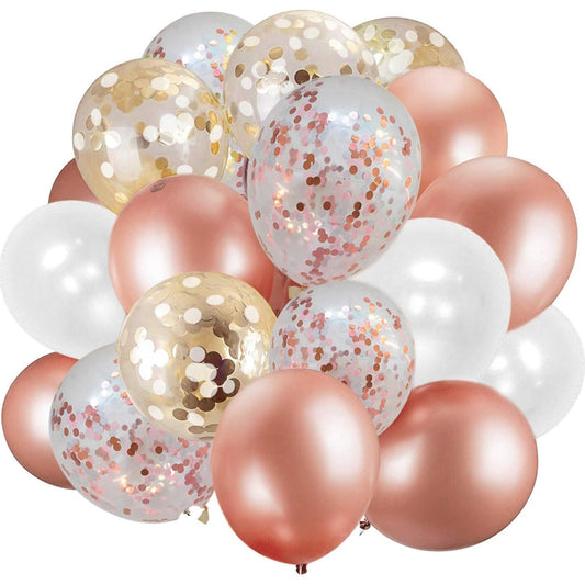Dandy Decor 60 Pack 12in Rose Gold White Confetti Balloons with Ribbon